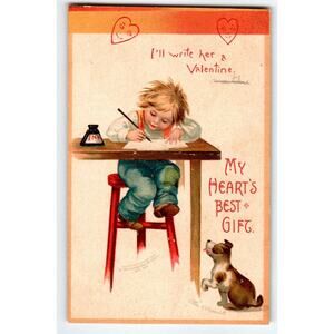 Valentine Postcard Ellen Clapsaddle Boy At Desk Dog Watches Series 831 Embossed